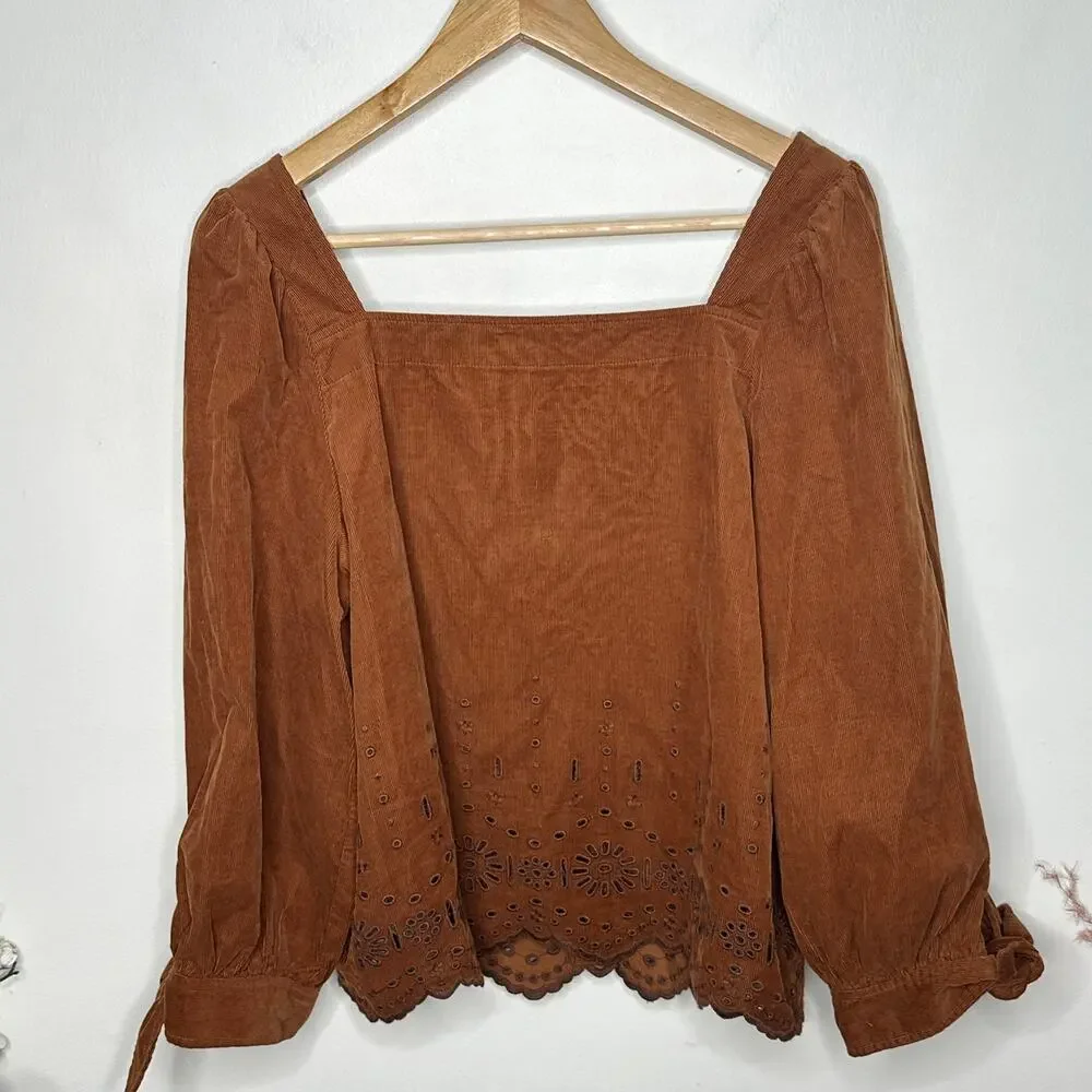 MADEWELL Embroidered Eyelet Corduroy Tie-Sleeve Top Warm Coffee Brown Sz M {E22}